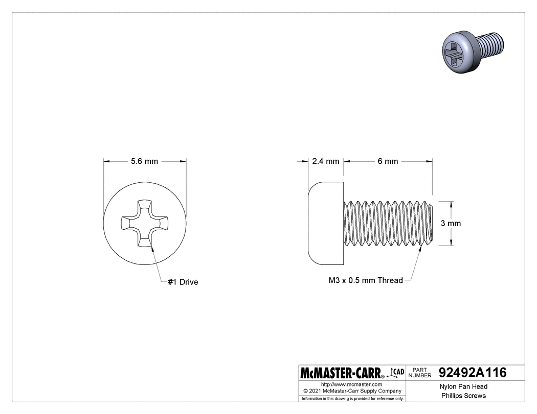 Technical Drawing of Nylon Pan Head Phillips Screws, M3 x 0.50 mm Thread, 6mm.